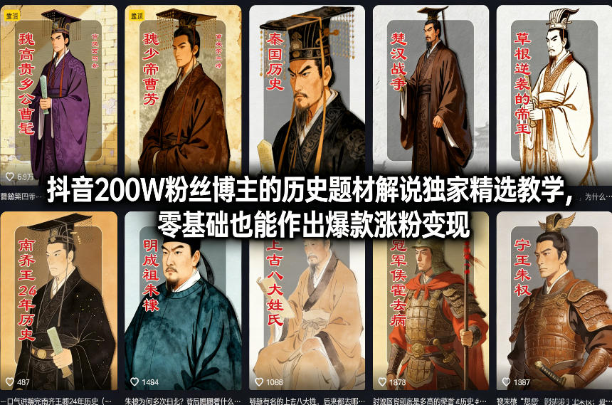 抖音200W粉丝博主的历史题材解说独家精选教学，零基础也能作出爆款涨粉变现-搞薯条网