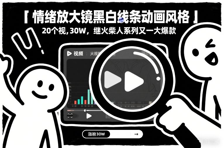 情绪放大镜黑白线条动画风格，20个视频，涨粉30W，继火柴人系列又一大爆款-搞薯条网